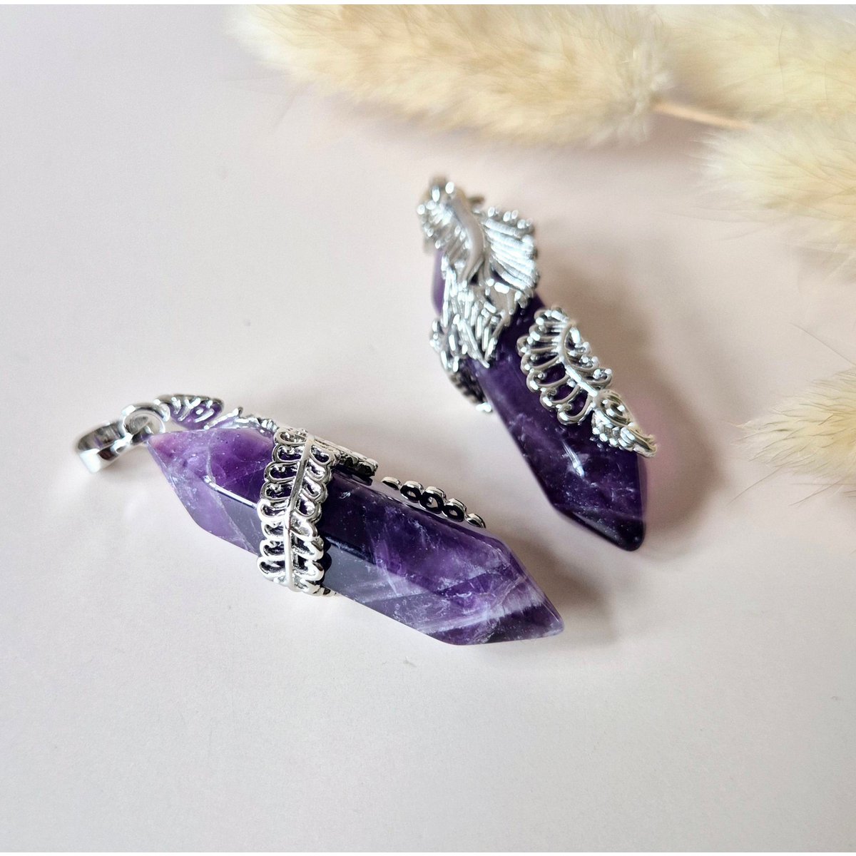 Amethyst - Kettenanhänger - Doppelpunkt (4,5 cm) mit silberfarbenem Halter - SchatzStein